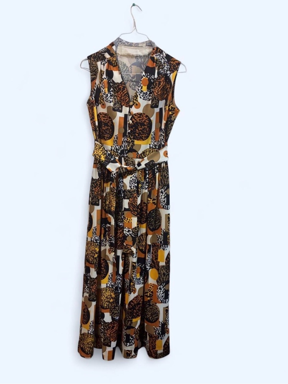 Vintage Kay Windsor Sleeveless Geometric Print Maxi Dress in Brown and Mustard